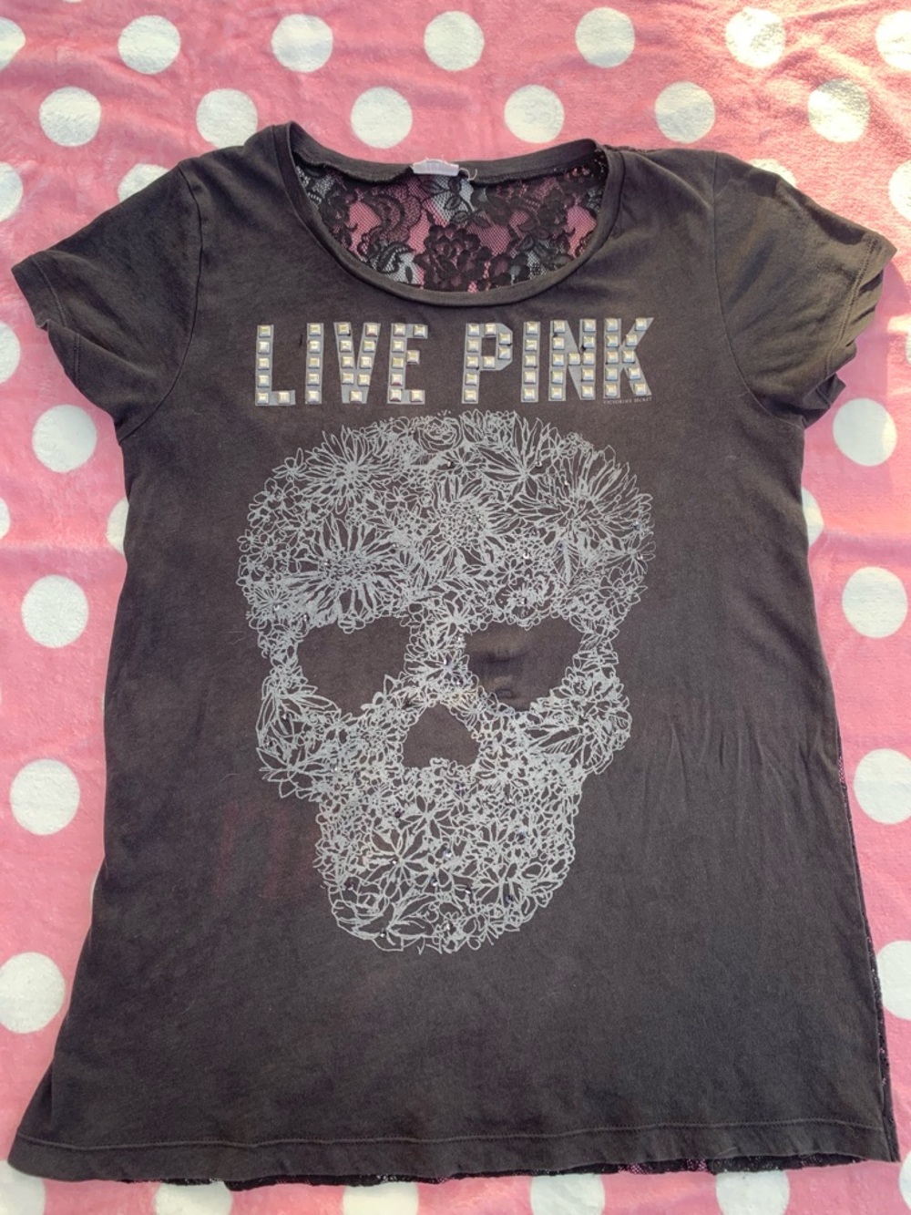 VS Pink Live Pink Sugar Skull Lace-Back Tee - Black